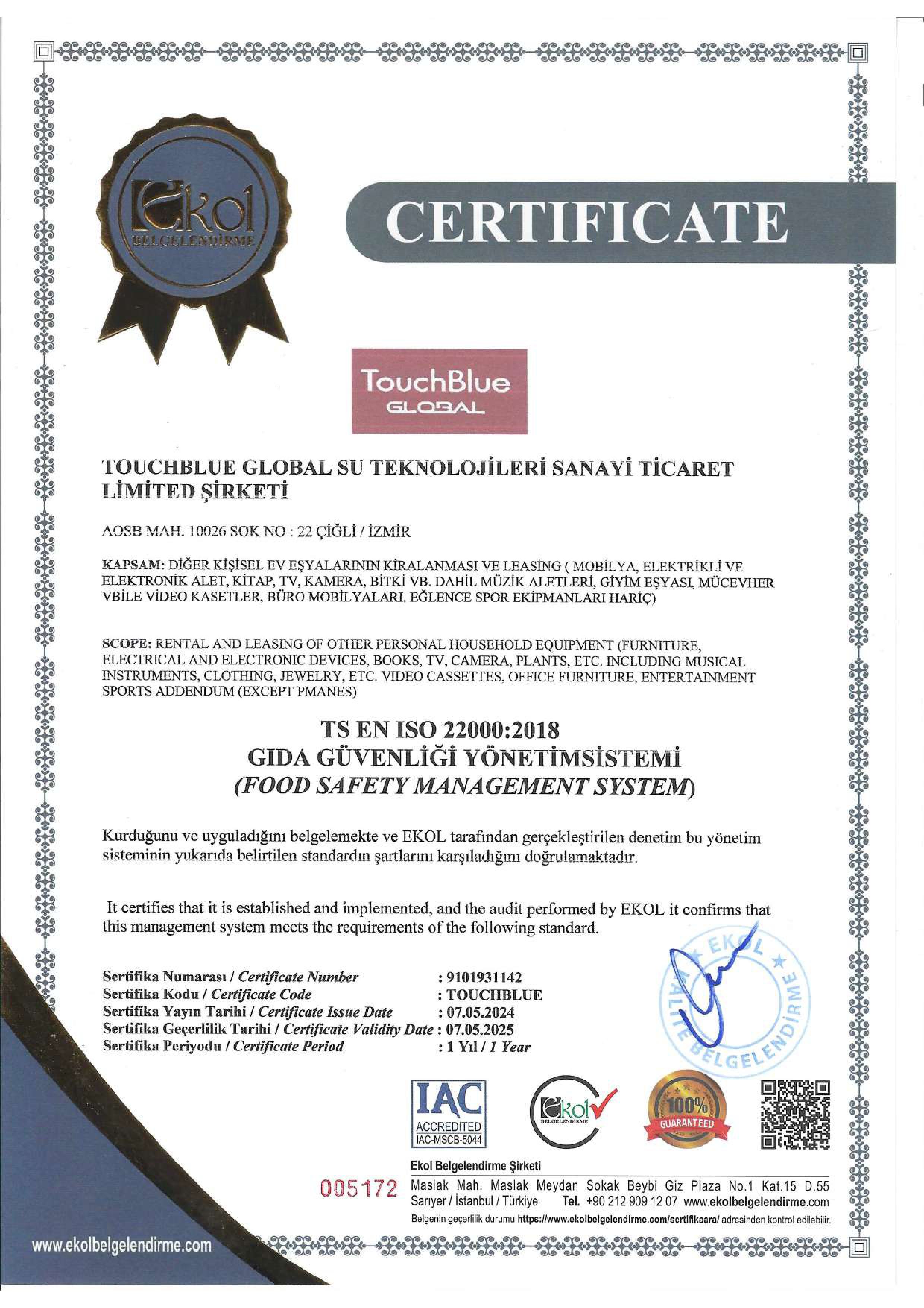 TS EN ISO 22000:2018 GIDA GÜVENLİĞİ YÖNETİM SİSTEMİ